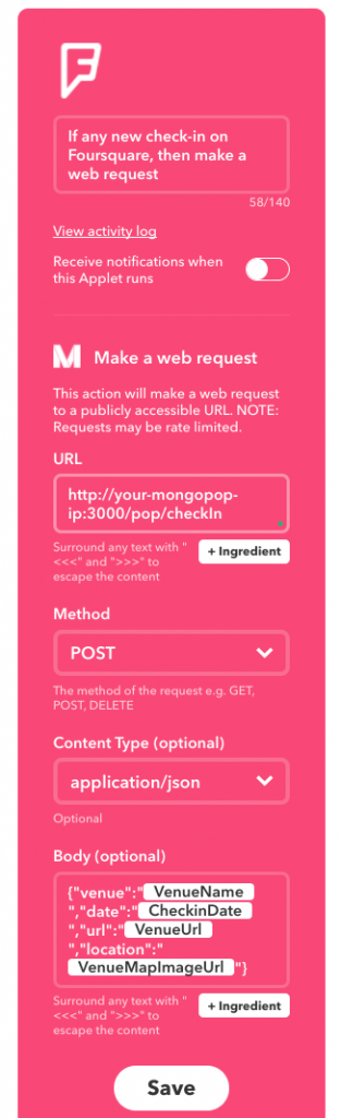 Create Foursquare applet to make HTTP POST over REST API in IFTTT