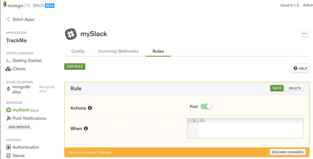 MongoDB Stitch adding Slack rules