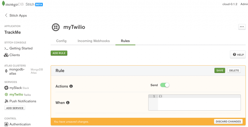 Configure Twilio rules in MongoDB Stitch