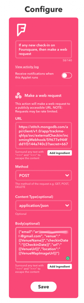 Define IFTTT applet for MongoDB Stitch app