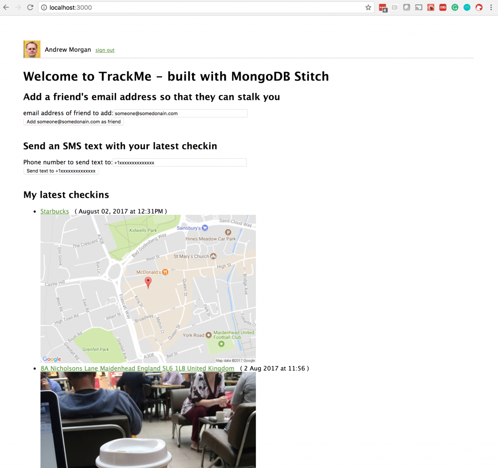TrackMe ReactJS Web app frontend for MongoDB Stitch
